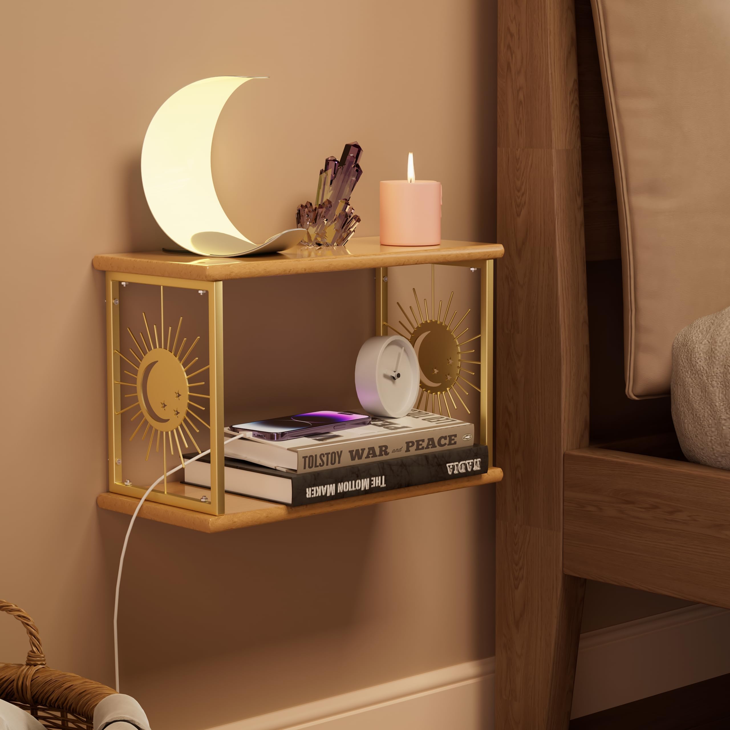 Apresolar Floating Nightstand Wall Mounted - Natural Solid Wood Night Stand, Bedside Table 2 Tier Shelf, Modern Metal Celestial Side Floating Shelves Decor for Living Room Bedroom