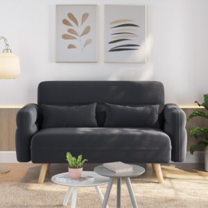 yaheetech 46" small modern fabric sofa loveseat mid century 2 seater sofa couch with lumbar pillows, solid wood legs for living room, small space, dorm, office, bedroom, dark gray