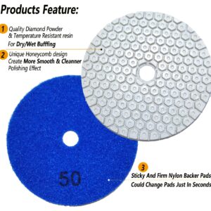 4 Inch New Model Dry Diamond Polishing Pads Grit 50, 1 Box of 6 Piece Dry/Wet Marble Buffing Pad for Granite Marble Quartz Concrete Stones(Need Water for Hard Tile)