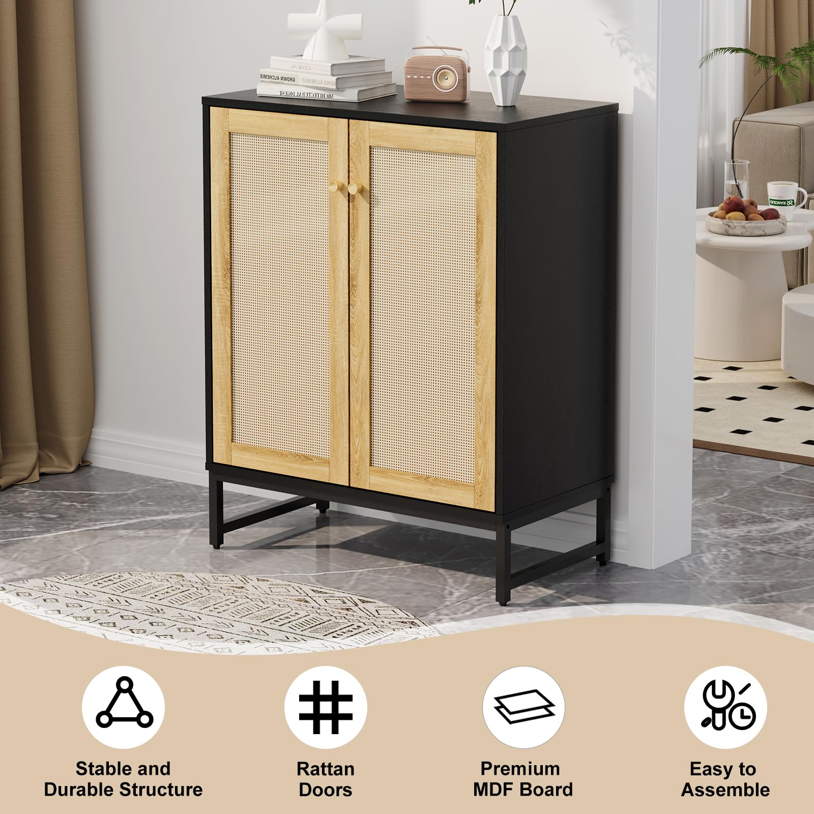 Kopuity Sideboard Buffet Cabinet, Storage Cabinet with Double Rattan Doors, Modern Rattan Sideboard Cabinet, Kitchen Storage Cabinet with Metal Feet, for Entryway, Bedroom, Living Room (Black)