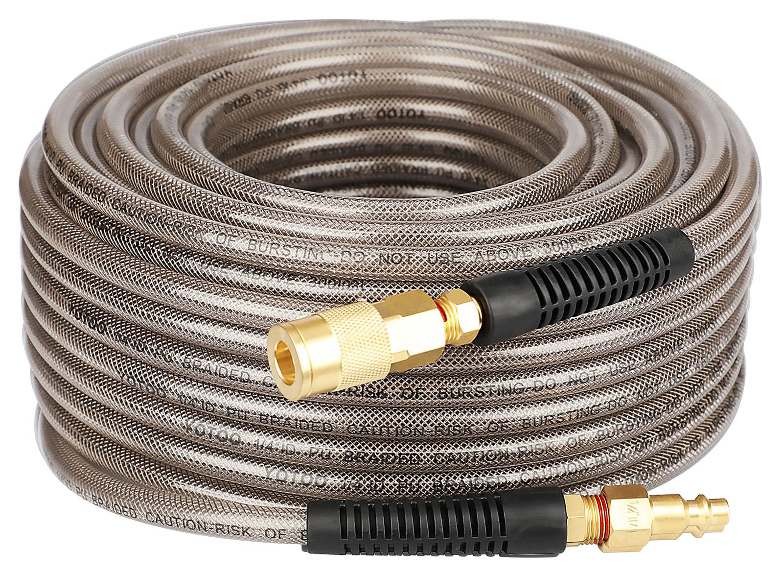 YOTOO Reinforced Polyurethane Air Hose 1/4" Inner Diameter by 100' Long, Flexible, Heavy Duty Air Compressor Hose with Bend Restrictor, 1/4" Swivel Industrial Quick Coupler and Plug, Gray