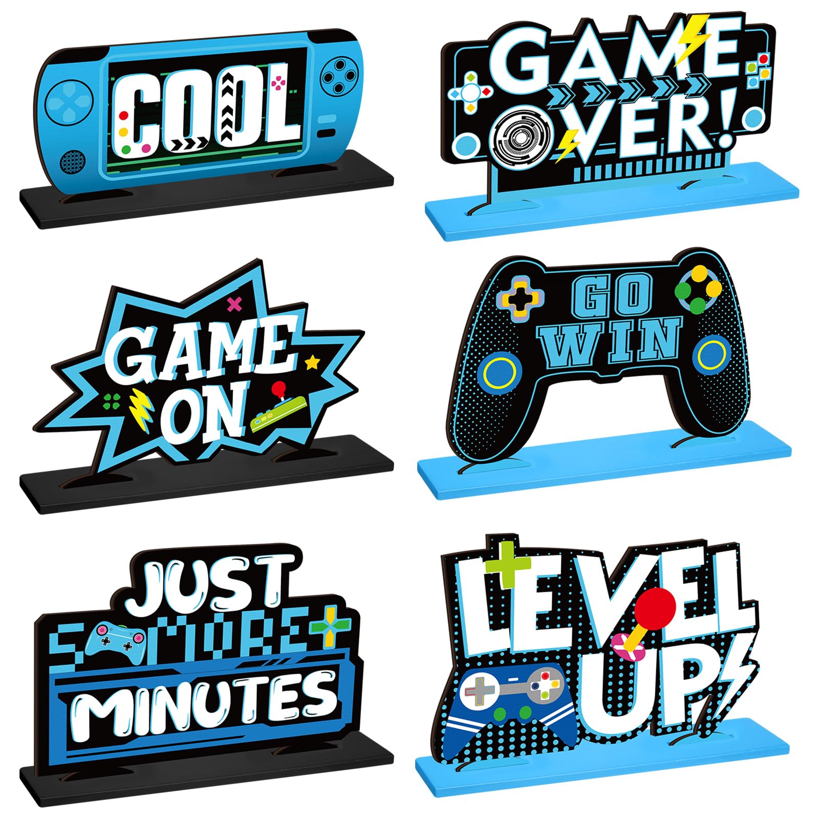 Geetery 6 Pcs Video Game Party Centerpieces Wood Level up Birthday Decorations Gaming Desk Decor Pixelated Game on Table Sign for Adults Birthday Party Game Gaming Theme Fans Supplies(Blue)