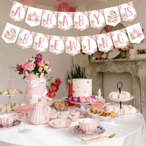 Fangleland Tea Party Baby Shower Banner for Girl - A Baby Is Brewing Tea Theme Pink Floral Banner Decorations, Girl’s Gender Reveal Pregnancy Celebration Hanging Garland Party Supplies