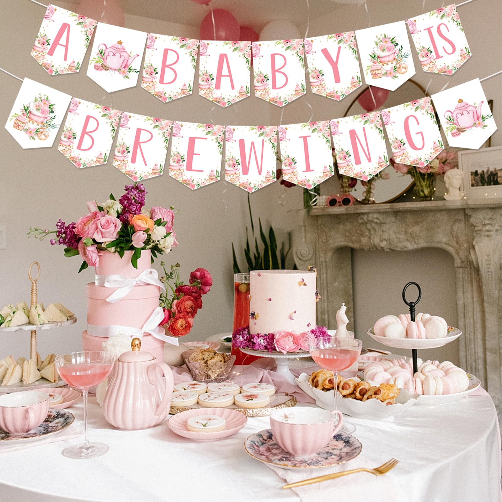 Fangleland Tea Party Baby Shower Banner for Girl - A Baby Is Brewing Tea Theme Pink Floral Banner Decorations, Girl’s Gender Reveal Pregnancy Celebration Hanging Garland Party Supplies