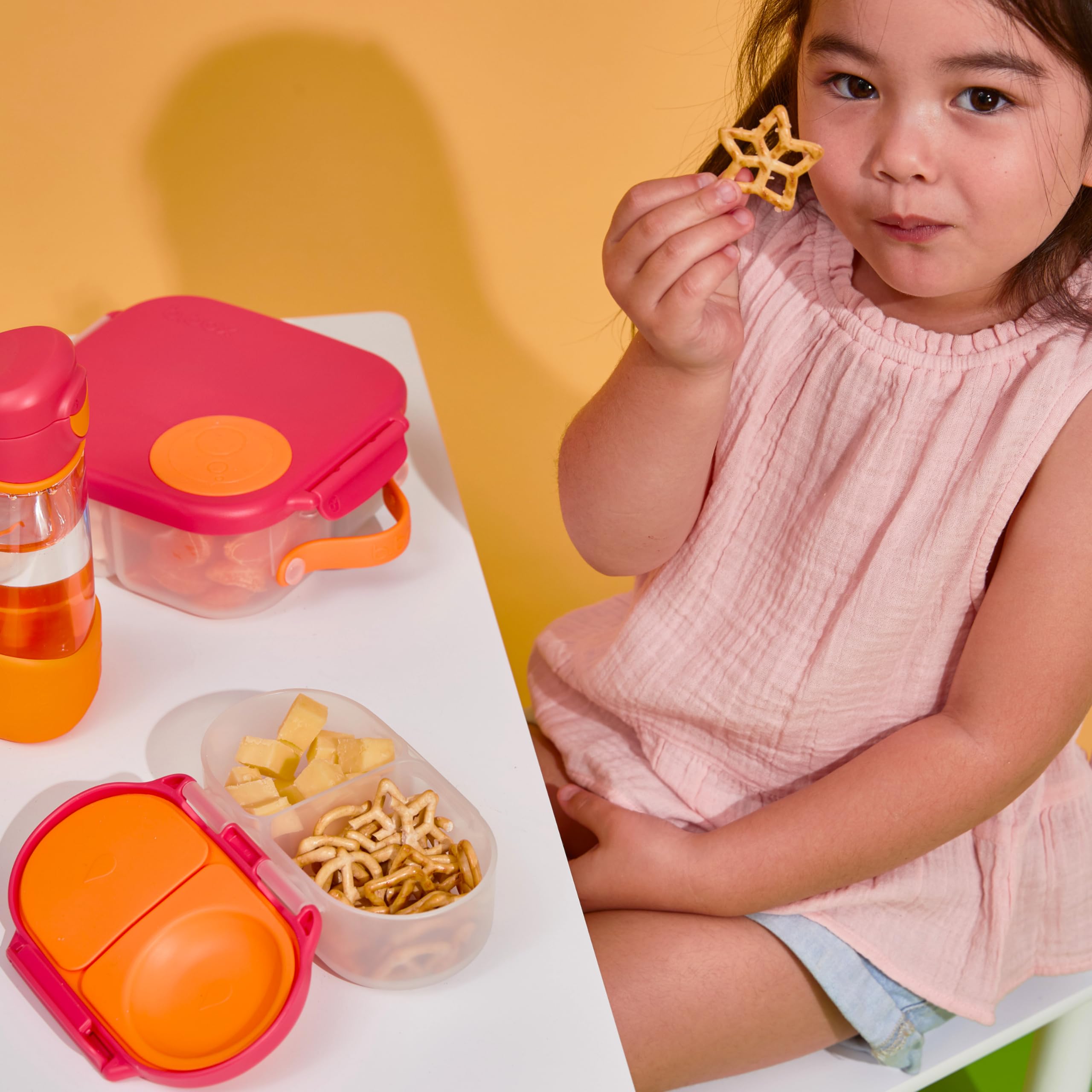 b.box Snack Box for Kids & Toddlers: 2 Compartment Snack Containers, Mini Bento Box, Lunch Box. Leak Proof, BPA free, Dishwasher safe. School Supplies. Ages 4 months+ (Flamingo Fizz, 12oz capacity)