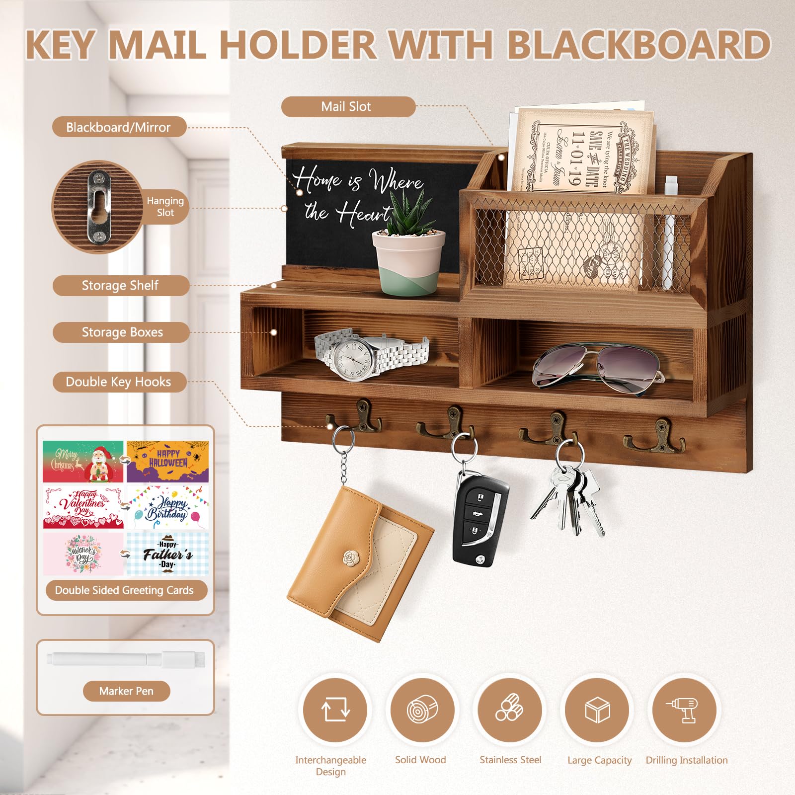 HOMEBROS Key Holder Wall Mount, Wooden Key Mail Holder with Chalkboard Mirror Greeting Cards Mail Key Organizer Storage Key Rack Shelf with 8 Key Hooks for Entryway Hallway Doorway