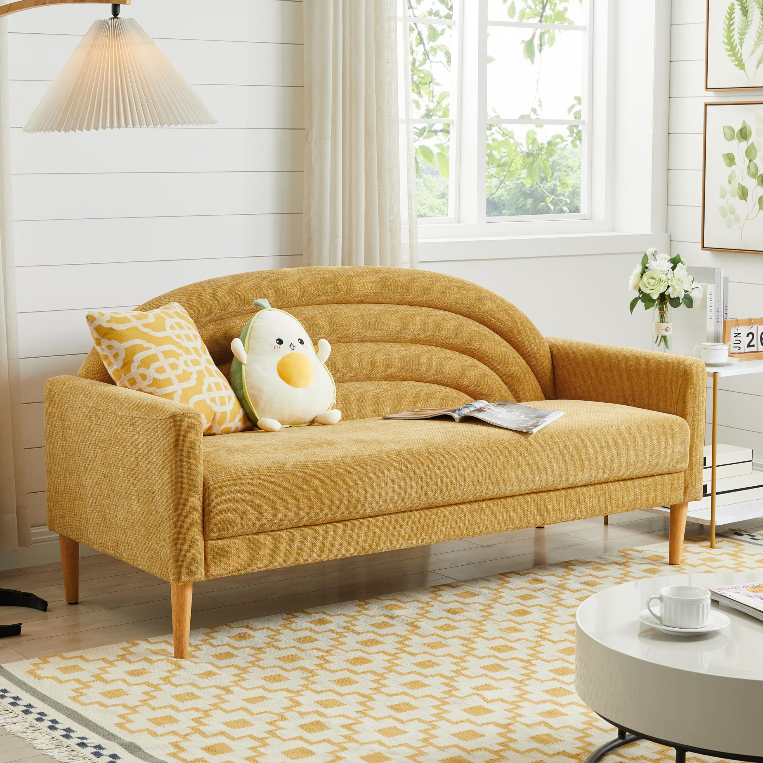 QNZK 63.78" W Modern Loveseat Sofa Simple Assembly 3-Seat Couch for Living Room Wooden Legs Linen Upholstery (Yellow)