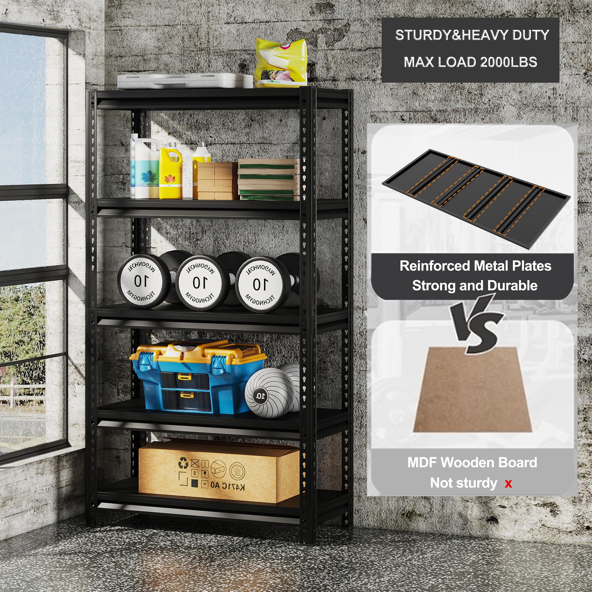 Kilyssa 72" H Garage Shelving Heavy Duty Storage Shelves Loads 2000 LBS, Adjustable 5 Tier Shelving Units Metal Shelves Storage Rack Shelf for Garage,Warehouse,Basement 31.5"W x 15.7"D x 72"H, Black