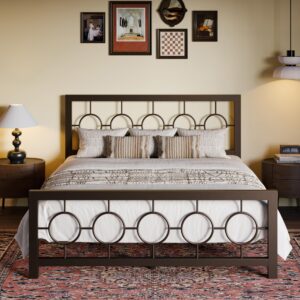 sha cerlin queen size metal bed frame with vintage circular design headboard and footboard,no box spring required,easy assembly,noise-free,brown