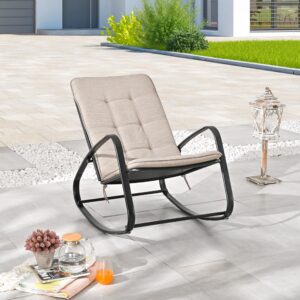 LOKATSE HOME Outdoor Patio Rocking Chair Set of 2 Padded Seat Steel Frame, Beige