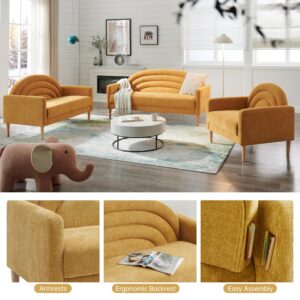 QNZK 63.78" W Modern Loveseat Sofa Simple Assembly 3-Seat Couch for Living Room Wooden Legs Linen Upholstery (Yellow)