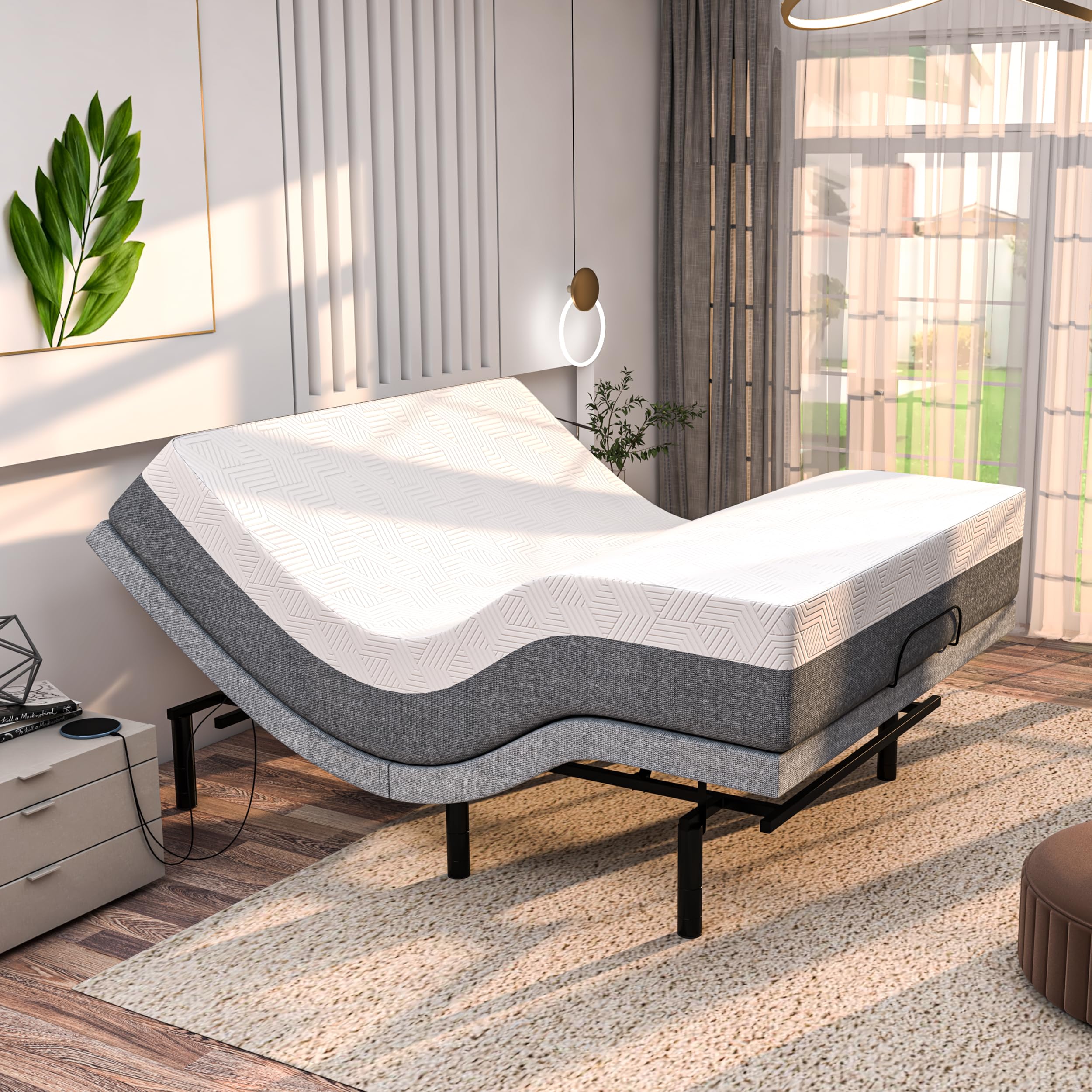 Renanim SFE Adjustable Bed with Mattress & Massage, Twin XL Adjustable Bed Frame + Firm Mattress - Cooling Gel Memory Foam Mattress, USB, Under Bed Light, Wireless Remote