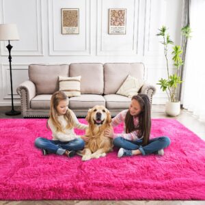 Awaytail Fluffy Rug Washable 4x6 Feet, Hot Pink Fuzzy Rugs for Bedroom Girls, Flame Retardant Plush Shaggy Rug Home Decor