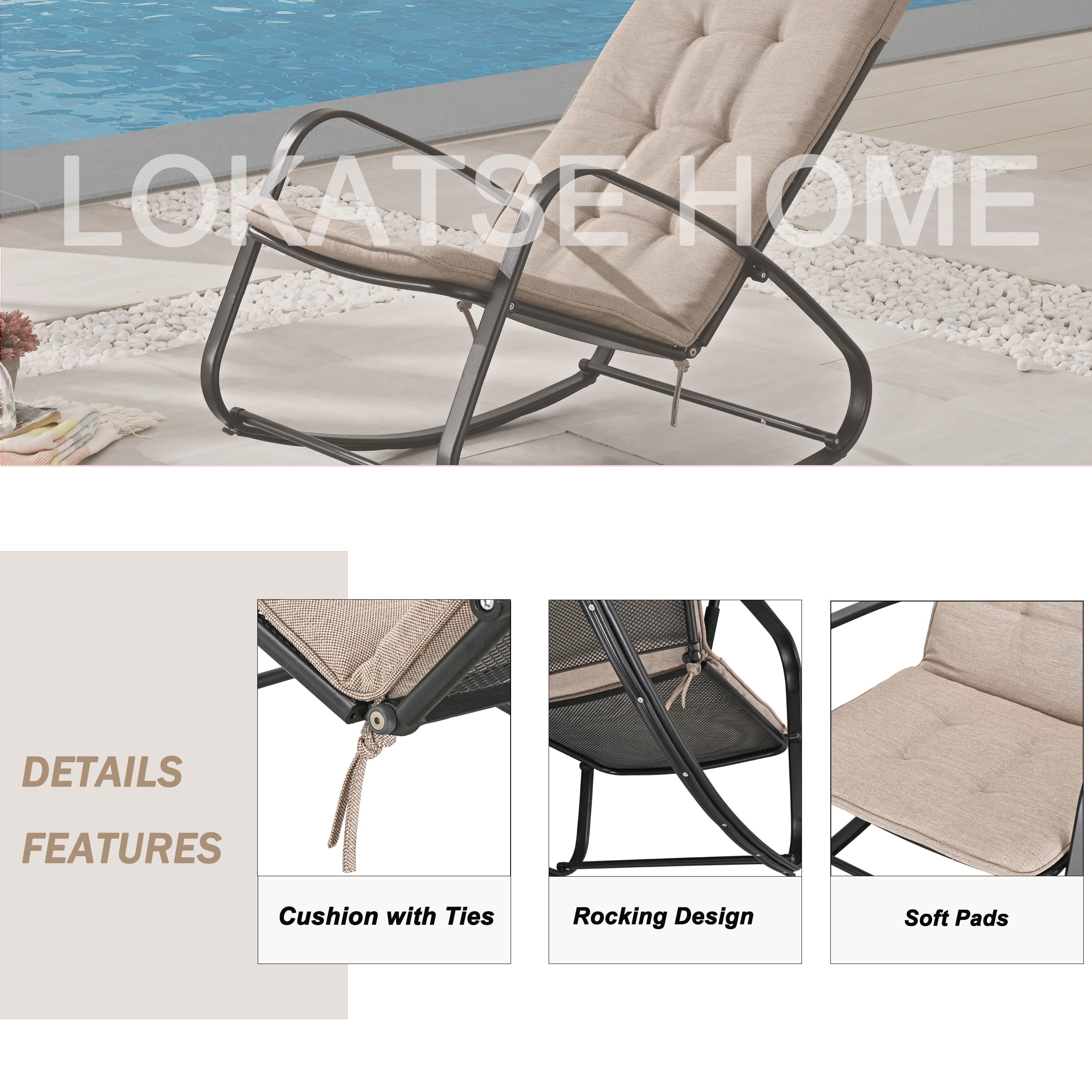 LOKATSE HOME Outdoor Patio Rocking Chair Set of 2 Padded Seat Steel Frame, Beige