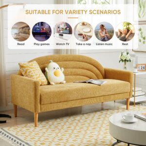 QNZK 63.78" W Modern Loveseat Sofa Simple Assembly 3-Seat Couch for Living Room Wooden Legs Linen Upholstery (Yellow)