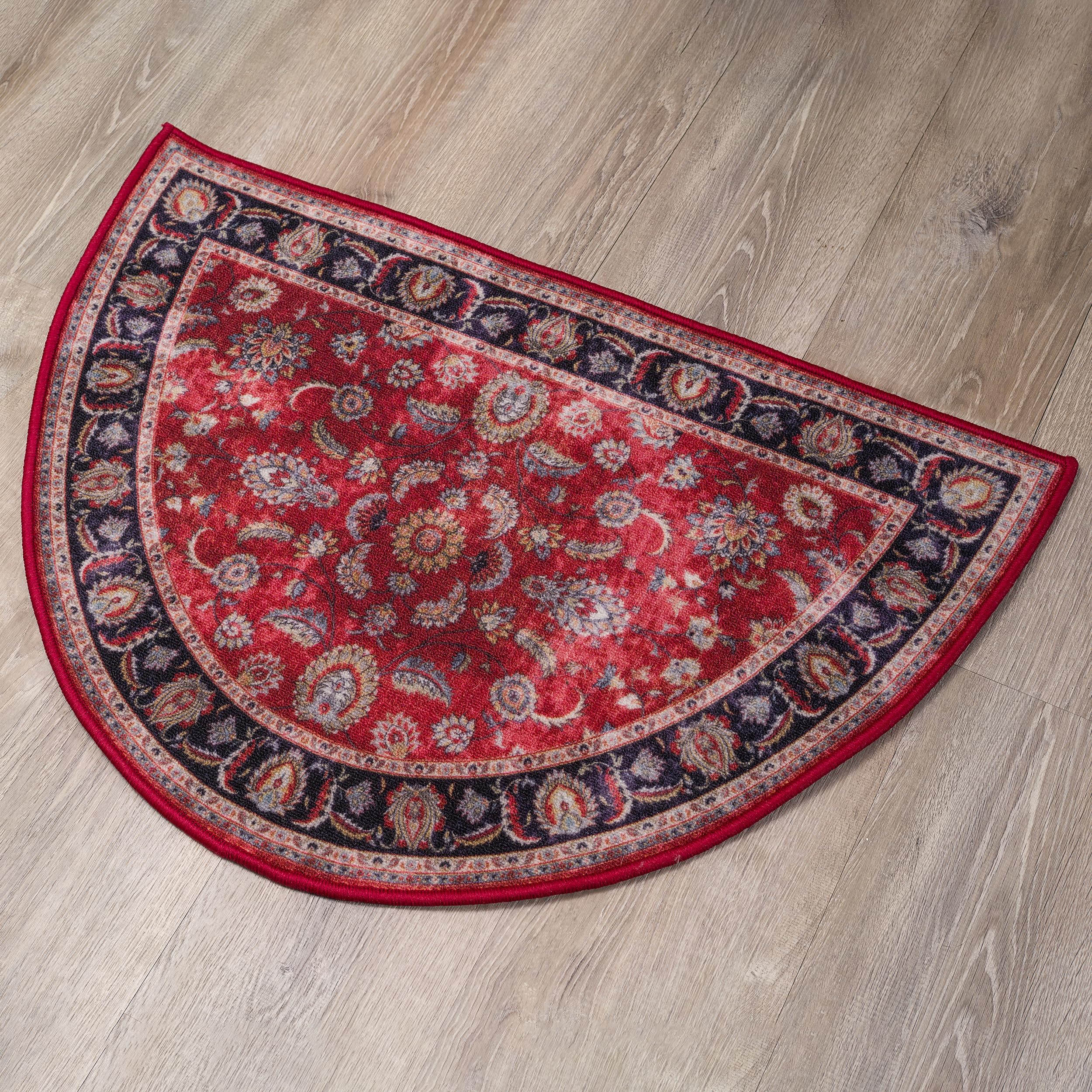 Cozy Floor Mats Hearth Rug, Low Profile, 26"x 39" Fireplace Red, Half Circle, Fire Resistant Mat, Classic Design, Floral, Half Moon Shape, Non Slip Kitchen Rug, Cabin Cottage Lodge, 2'2"x 3'3"