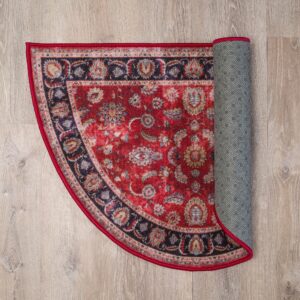 Cozy Floor Mats Hearth Rug, Low Profile, 26"x 39" Fireplace Red, Half Circle, Fire Resistant Mat, Classic Design, Floral, Half Moon Shape, Non Slip Kitchen Rug, Cabin Cottage Lodge, 2'2"x 3'3"