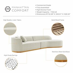 Manhattan Comfort Daria Contemporary 2-Piece Sectional Couch in Linen Upholstery, 132-Inch Living Room Sofa with Pine Wood Frame, Metal Base, High-Density Foam Padding & 2 Accent Pillows, Ivory