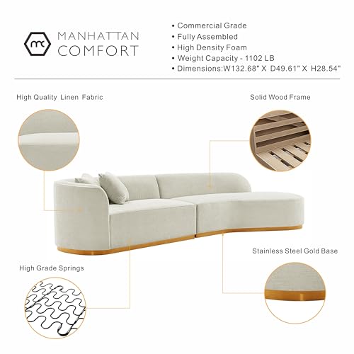 Manhattan Comfort Daria Contemporary 2-Piece Sectional Couch in Linen Upholstery, 132-Inch Living Room Sofa with Pine Wood Frame, Metal Base, High-Density Foam Padding & 2 Accent Pillows, Ivory