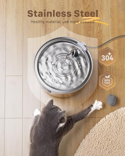 Cat Water Fountain Stainless Steel - Dog Automatic Waterer Bowl - Auto Pet Dispenser - Small Pets Drinking Waterer Indoor - Auto Dish Animal Fountains - 108oz/3.2L Metal Self Kitty Watering Supplies