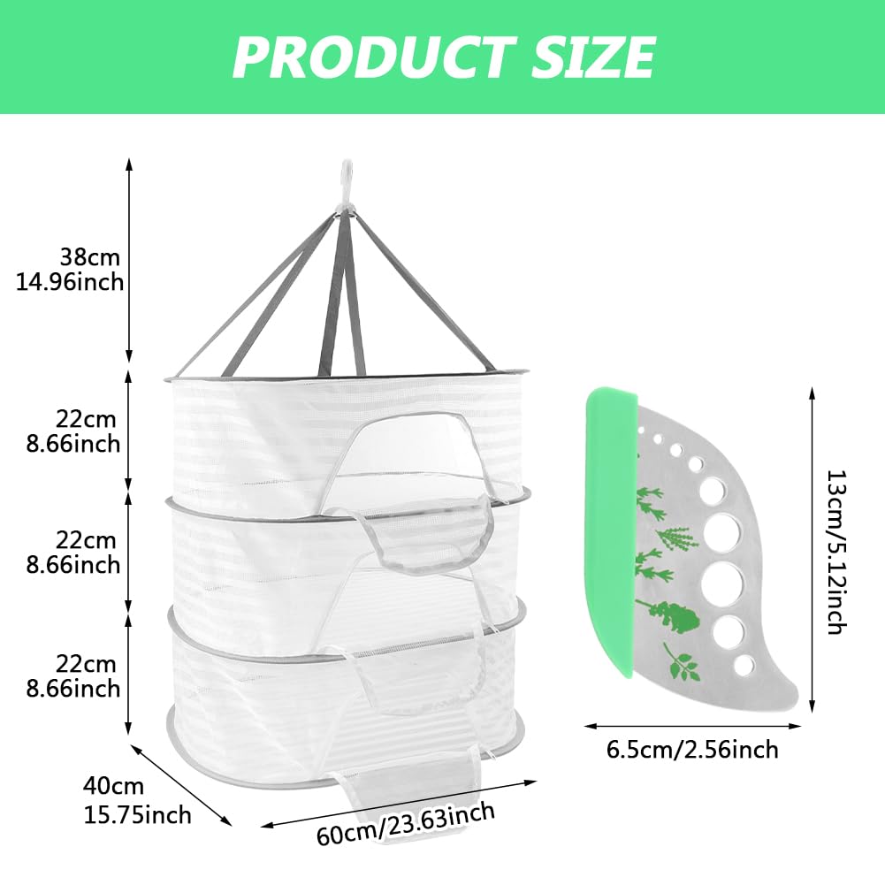 QKDS Herb Drying Rack 3 Layer Hanging Mesh Net, 2pcs/Set Herb Dryer Hanging Rack with Herb Stripper, Foldable Hanging Mesh Dryer for Buds, Fruits, Vegetables, Fish, Clothes, Doll(White)