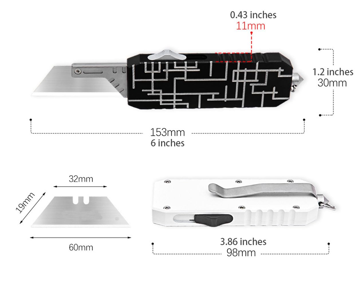 Tenchilon T386 EDC Auto Box Cutters Retractable Heavy Duty Cardboard Cutter Utility Knife, 10pcs Extra Replaceable Blade Pocket Knife With Pants Clip, Glass Breaker (Black)