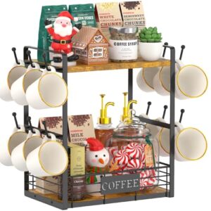 esluker.ly 2 tier coffee bar organizer countertop station shelf for home office, multi-functional coffee mug cup holder stand, accessory storage rack with 12 hooks, space-saving coffee nook enhancer