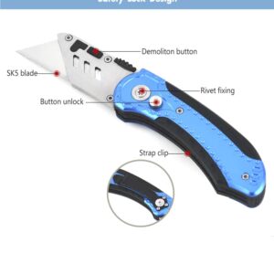 Folding-Utility-Knife Work-Knife Retractable-Folding-Box-Cutter Construction-Knife-Box-Opener - Razor-Knife with 5 Extra Blades for Cartons Cardboard and Boxes