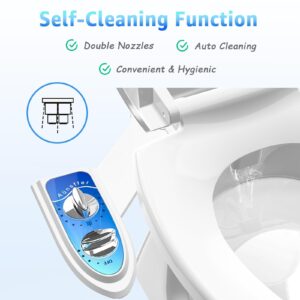 Aünsffer Bidet Attachment for Toilet, Non-Electric Fresh Cold Water, Toilet Bidet with Dual Nozzles Sprayer, Adjustable Water Pressure Control, 3 Modes Wash (Feminine/Bidet Wash + Self-Cleaning)