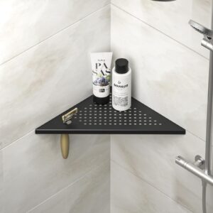 Bernkot 10'' Corner Shower Shelf w/Soap Holder, 304 Stainless Steel Grout in Shelf for Bathroom, Recessed Shelf Rack for Tiled Wall, No Drilling Needed (Black)