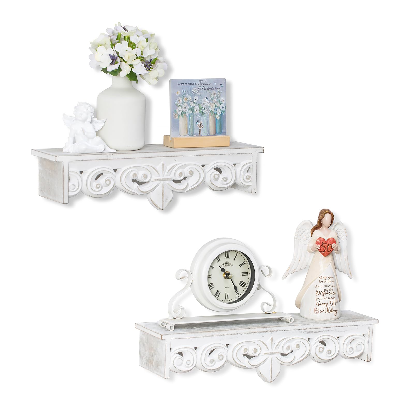 Walasis White Wall Shelves French Country Decor - Decorative Floating Shelf Antique Wood Wall Decor Farmhouse Rustic Hanging Shelves for Living Room Bedroom