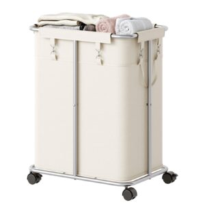 HOOBRO Laundry Basket with Wheels, 45 Gallons (170L) Rolling Laundry Hamper, Narrow Slim Laundry Sorter with Removable Oxford Fabric Bag, Laundry Room, Dorm Room, Bedroom, Beige and Silver SW05XY01