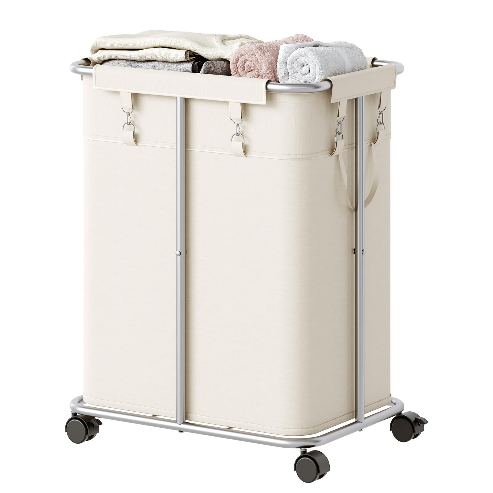 HOOBRO Laundry Basket with Wheels, 45 Gallons (170L) Rolling Laundry Hamper, Narrow Slim Laundry Sorter with Removable Oxford Fabric Bag, Laundry Room, Dorm Room, Bedroom, Beige and Silver SW05XY01