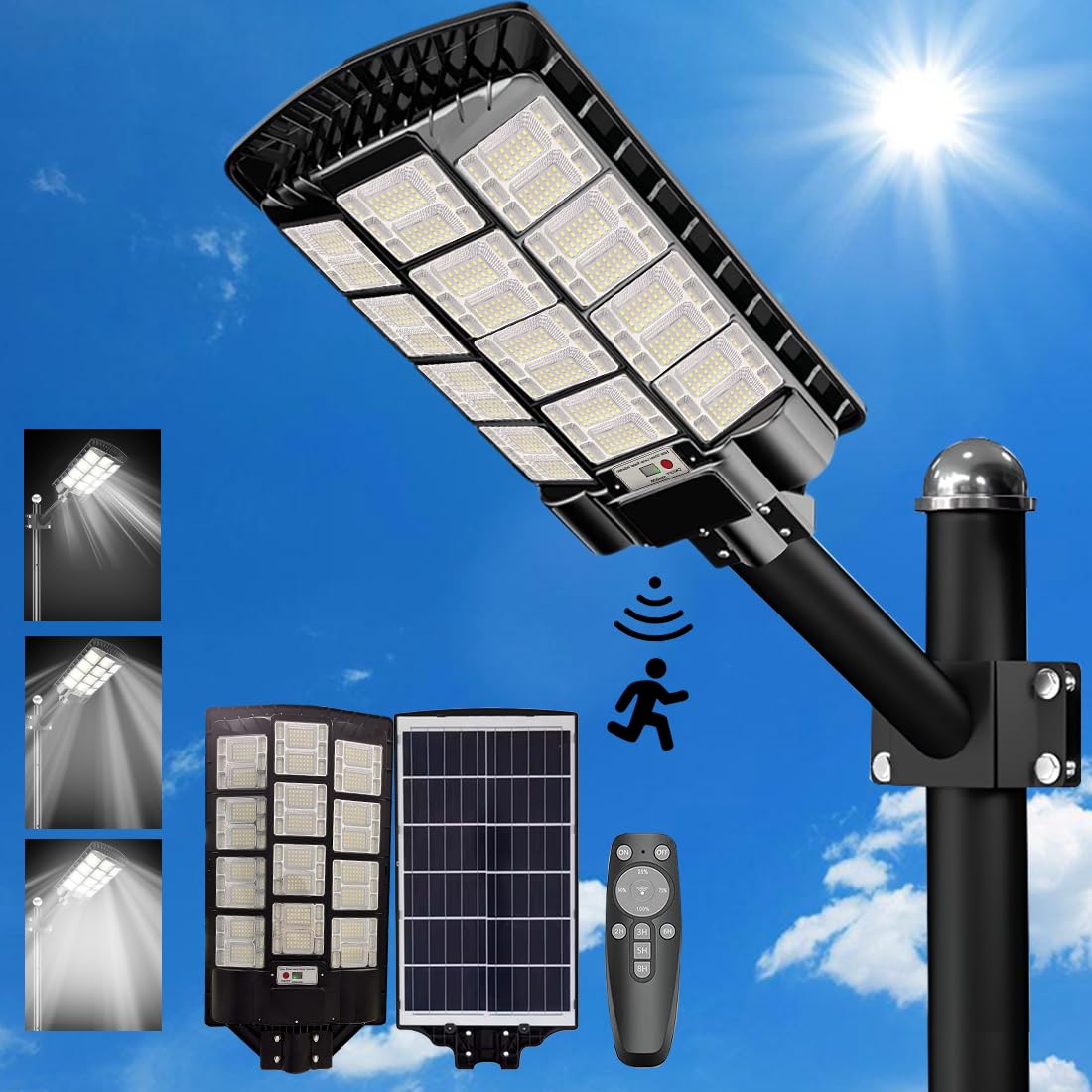 Juvihuxy 3000W Solar Street Light Outdoor,250000LM Solar Street Light Parking Lot Lights Commercial Dusk to Dawn,IP67 Waterproof Solar Security Flood Lights with Motion Sensor for Backyard, Path