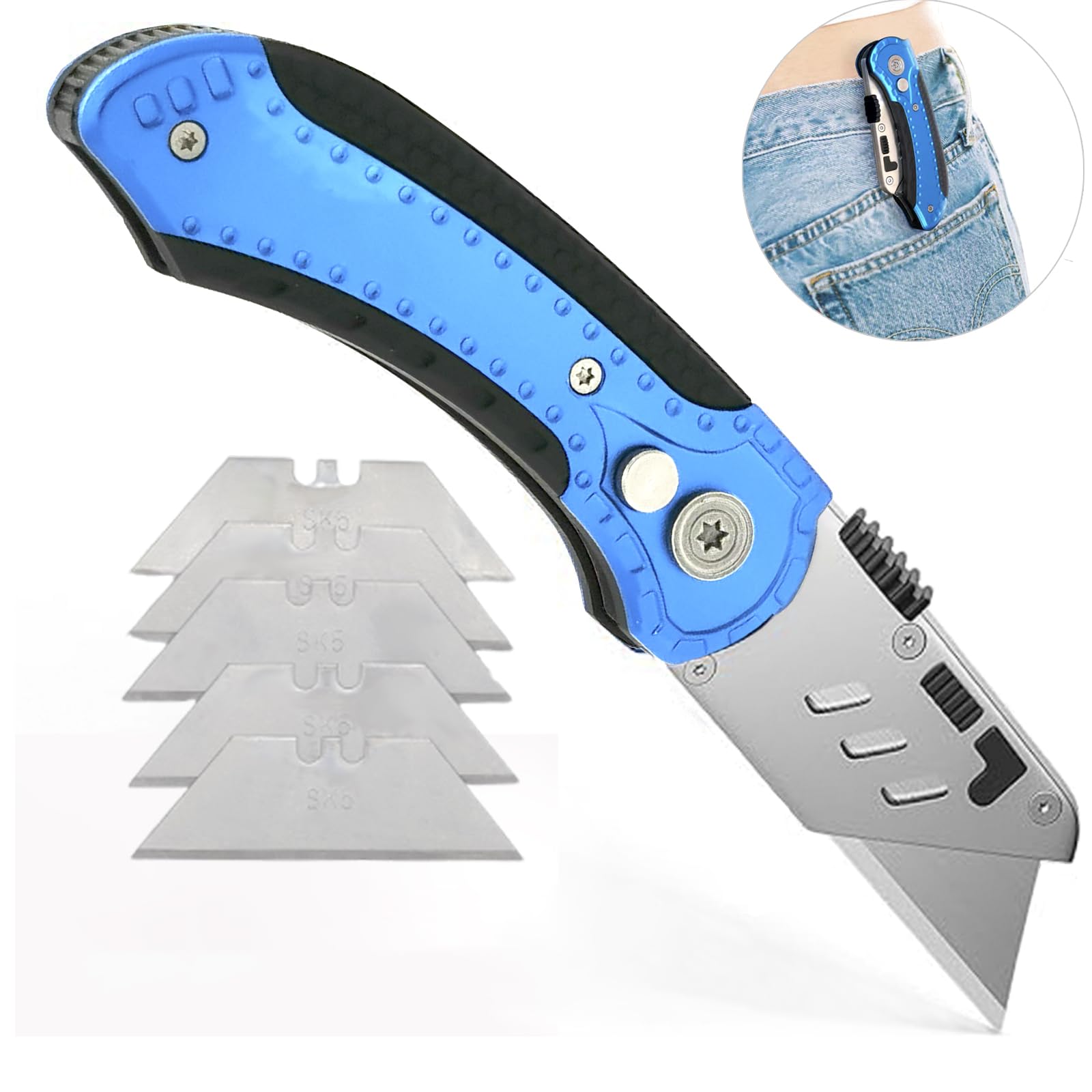 Folding-Utility-Knife Work-Knife Retractable-Folding-Box-Cutter Construction-Knife-Box-Opener - Razor-Knife with 5 Extra Blades for Cartons Cardboard and Boxes