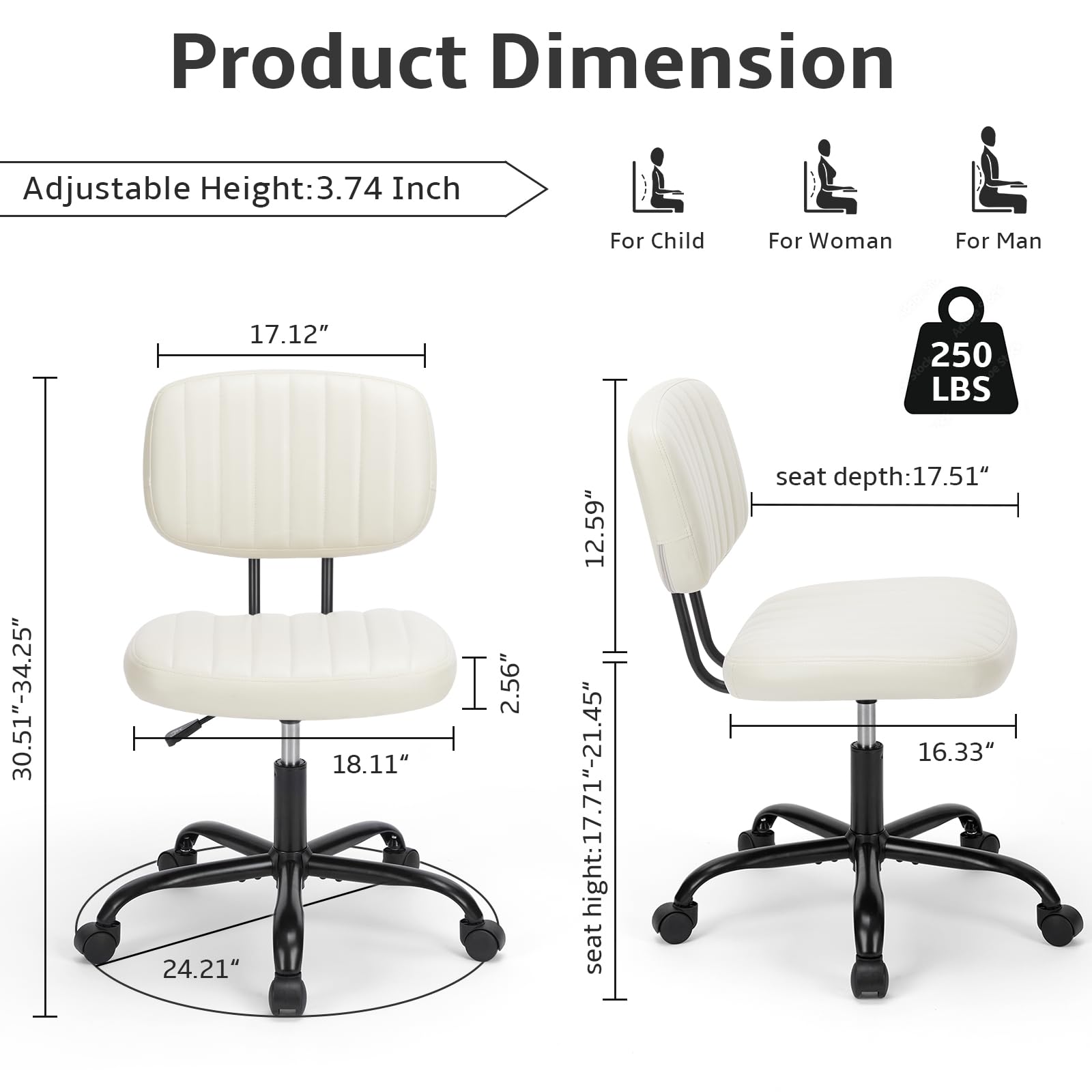 DUMOS Armless Home Office Chair Ergonomic Desk with Comfy Low Back Lumbar Support, Height Adjustable PU Leather Computer Task with 360° Swivel Wheels, for Small Space, Kids and Adults, Beige White