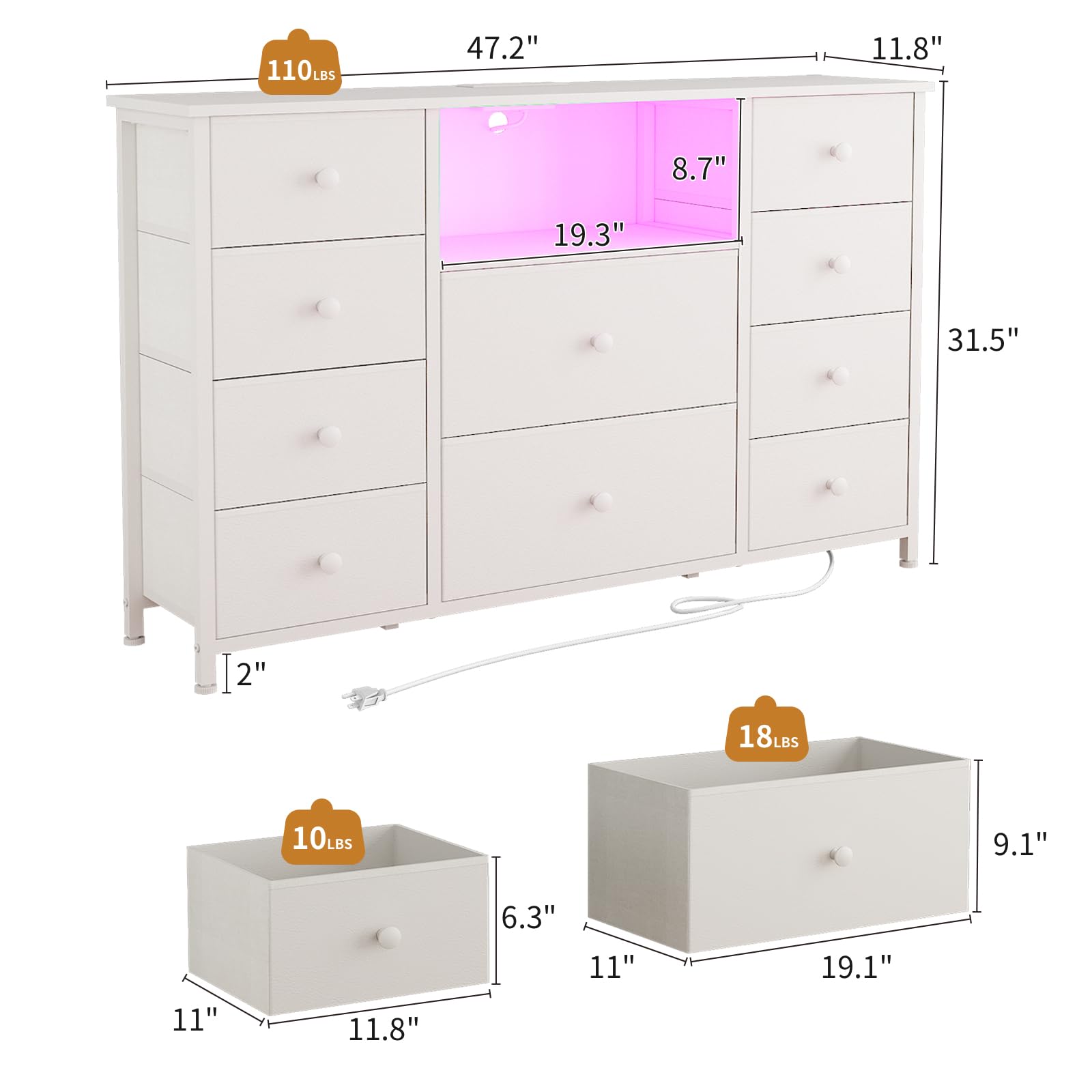 LDTTCUK Dresser with Charging Station and LED Lights, Long Dresser for Bedroom Dresser TV Stand with 10 Drawers, Fabric Chest of Drawers with PU Finish, Wide Dresser Storage Organizer, White