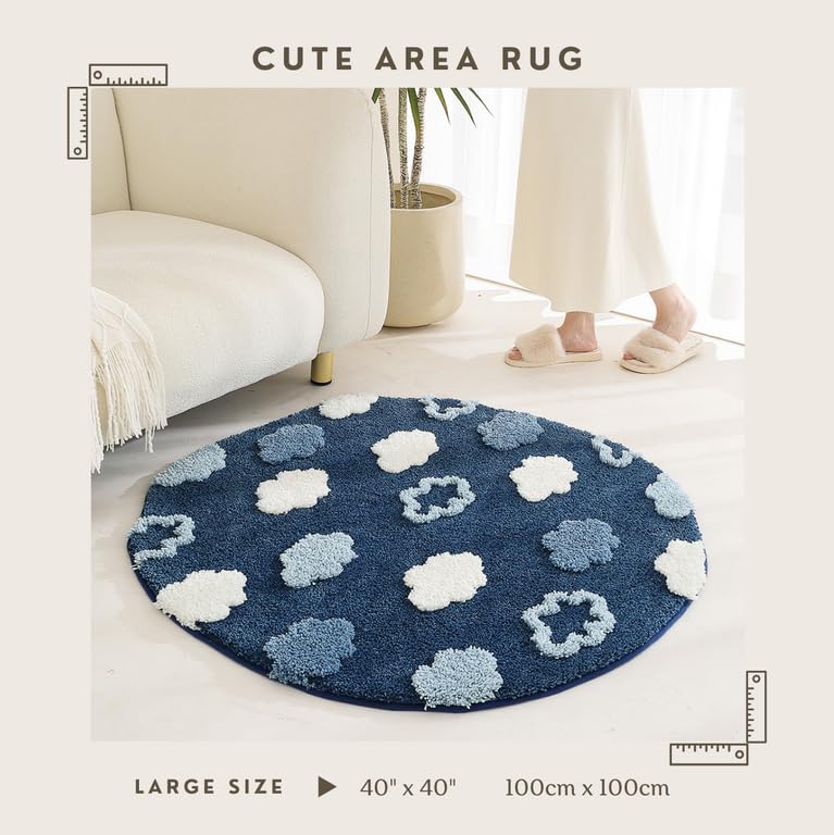 Cute Blue Area Rug, Funny Clouds Area Mats, Shaggy High Pile Non Slip Soft Absorbent Washable, Bedroom Bedside Bathroom Kids Gaming Nursery Room Rugs Home Decor Rug (Clouds, 40" x 40")