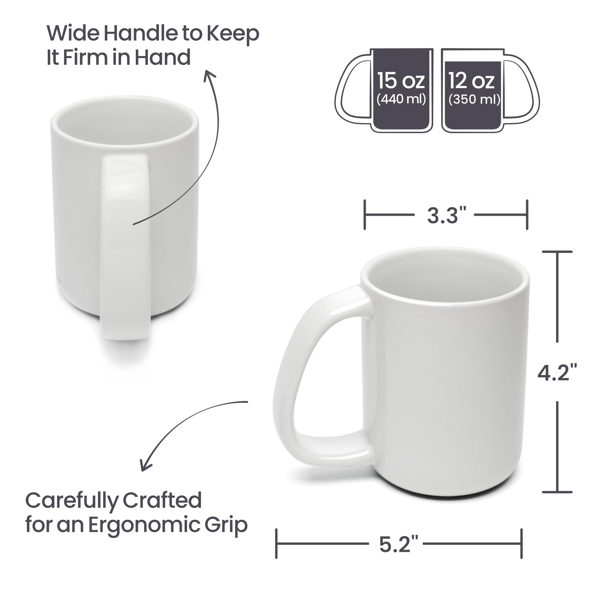 CURVD® 12oz Mug, Large Handle for Comfortable Grip, Dishwasher & Microwave Safe, 100% Chemical-Free Ceramic, Plain Glossy White, Perfect for Coffee, Hot Chocolate, Latte, Cold Drinks - Pack of 1