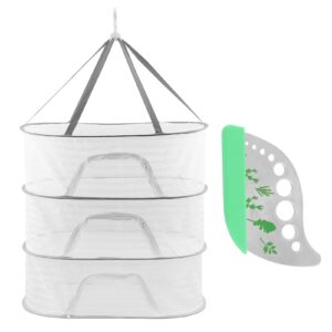 QKDS Herb Drying Rack 3 Layer Hanging Mesh Net, 2pcs/Set Herb Dryer Hanging Rack with Herb Stripper, Foldable Hanging Mesh Dryer for Buds, Fruits, Vegetables, Fish, Clothes, Doll(White)