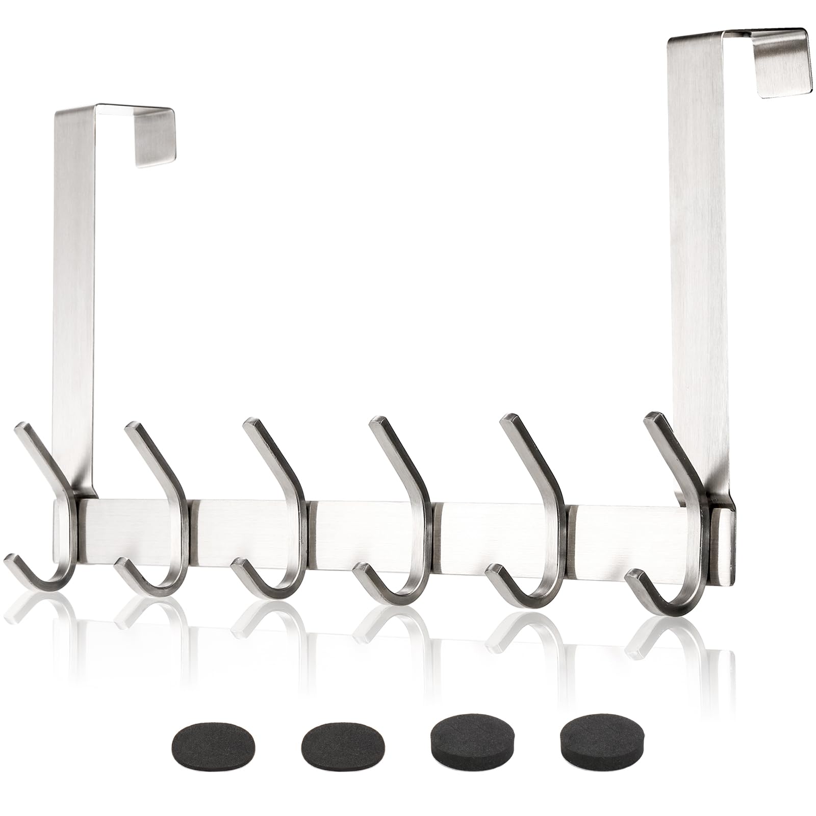 Pumtus Over The Door Hook, 304 Stainless Steel Over Door Hanger, Heavy Duty Coat Rack with 6 Hooks, Easy Install Space Saving Bathroom Organizer, Towel Rack Holder for Robe Hat Clothes Purse