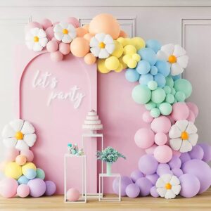 daisy balloon garland arch kit, 160 pcs pastel balloon garland kit with groovy daisy flower macaron balloon arch kit for baby shower girls birthday wedding decoration