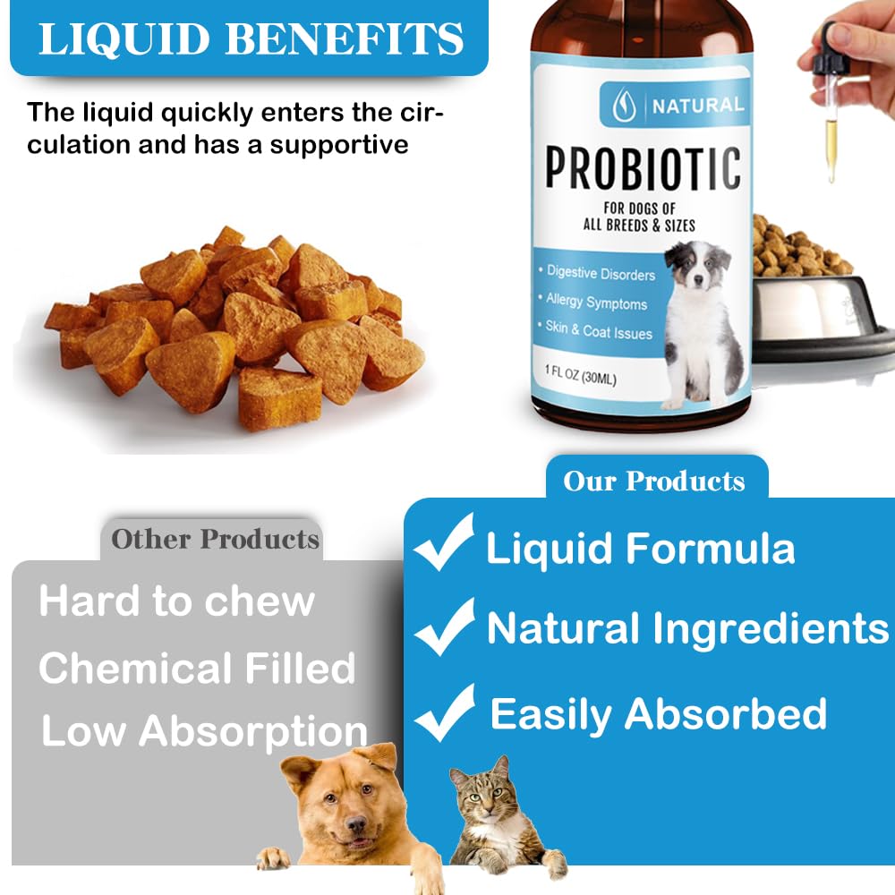 Probiotic for Dogs, Probiotic Drops for Dogs with Digestive Enzymes, Probiotics for Dogs Digestive Health, Diarrhea & Upset Stomach Relief + Gas, Constipation, and Allergy Relief.