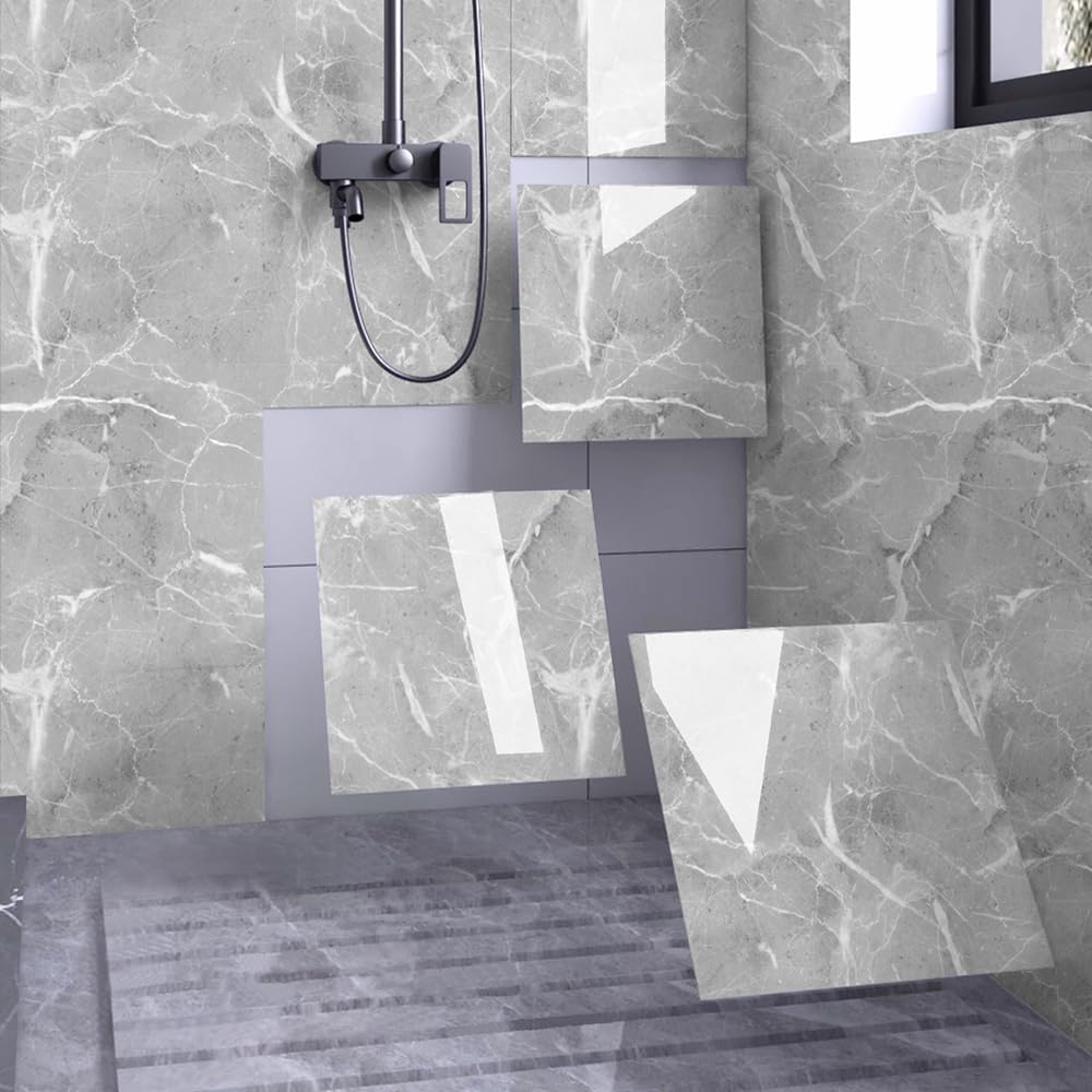 Chejiaye Shower Wall Panels Peel and Stick,Marble Wall Panels for Interior Wall Decor,Backsplash Tile Distinctive for Kitchen Showers Bathrooms Living Rooms Wall 11.8"x11.8"in 10Pcs (Grey)