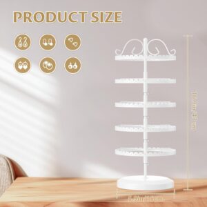 LASZOLA 5 Tiers Metal Earring Holder Organizer, Stable Rotating Jewelry Display Stand for Women Girls, 400 Holes and Grooves Earring Spin Table Rack Tower Tree for Necklace Bracelet Ring - White