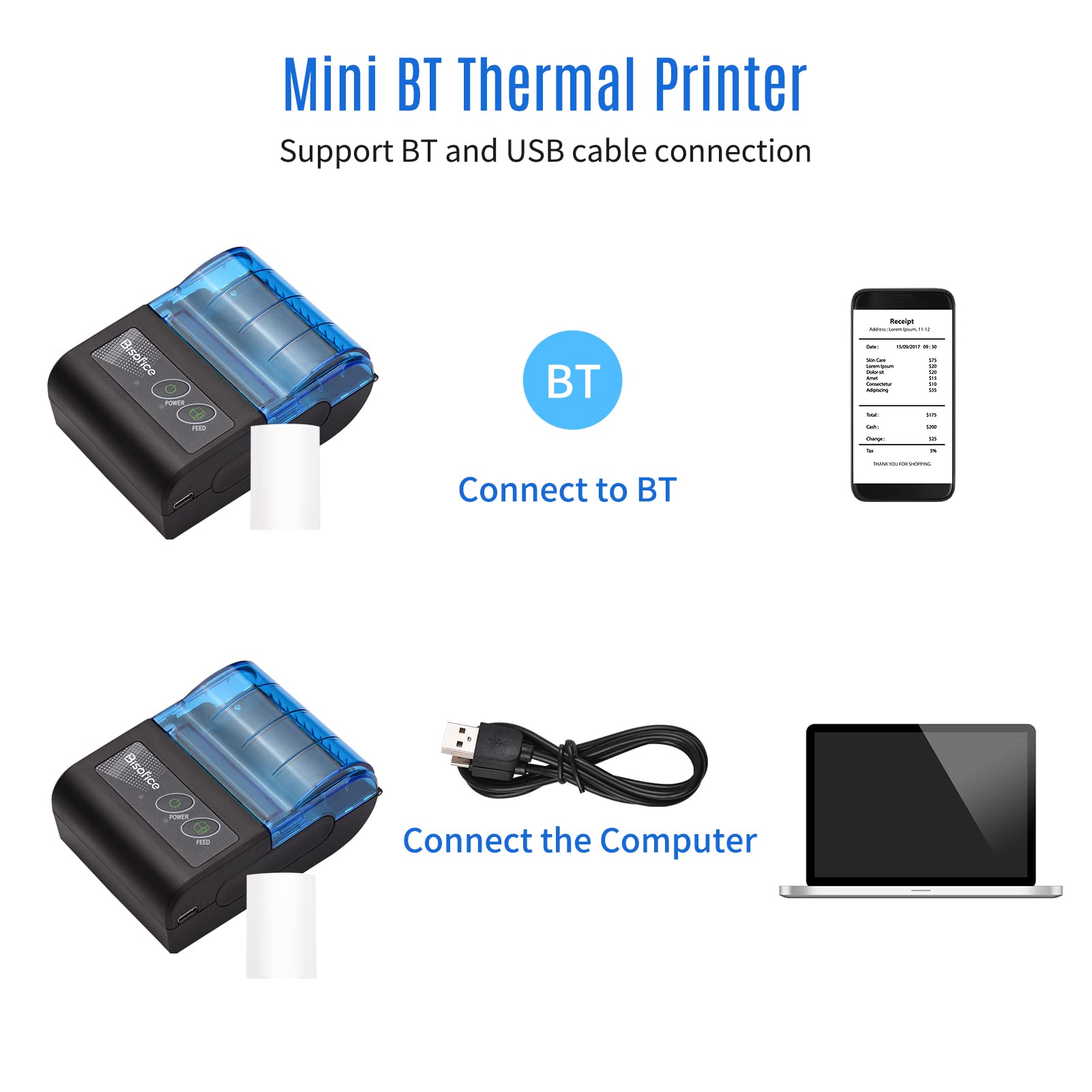 Sunydog Receipt Printer, Portable Mini Thermal Receipt Printer 2 inch Wireless BT USB Receipt Bill Ticket Printer with 58mm Print Paper Compatible with Android Windows for Restaurant Sales Retail