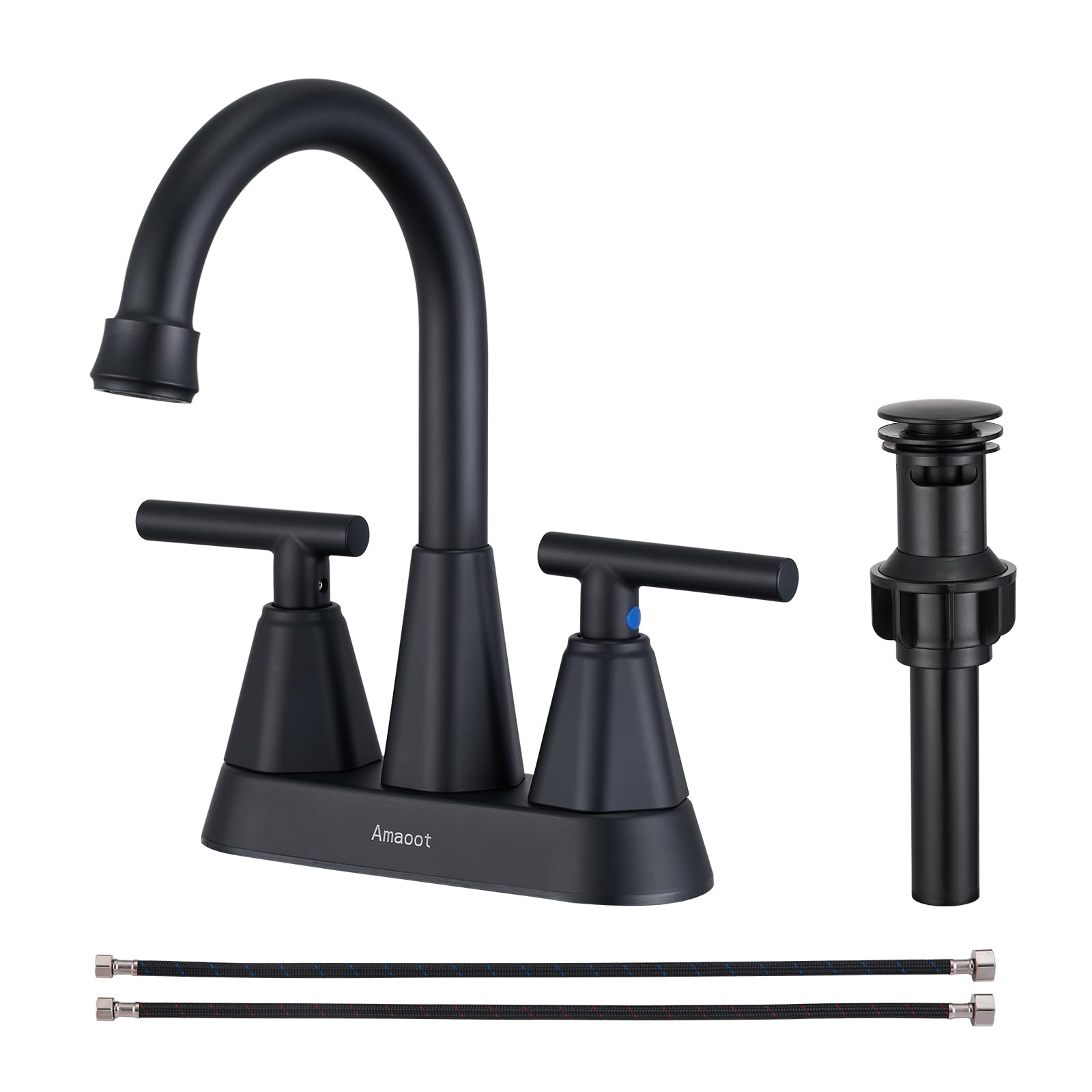 Amaoot Bathroom Sink Faucet, Matte Black 4 Inch Bathroom Faucets for Sink 3 Hole with Pop Up Drain and Water Supply Lines, 360 Swivel Spout 2 Handle Faucet for Bathroom Sink