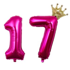 yfhvjtko 32 inch number 17 gold crown balloon set,17th celebration decorations for happy 17th birthday party wedding bridal shower engagement photo shoot anniversary decoration, rose red 17 balloon