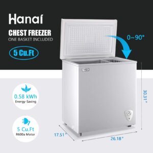 Chest Freezer 5.0 Cu.Ft Small Deep Freezer White Top Door Mini Freezer with Removable Basket, Low Noise, 7 Adjustable Temperature and Energy Saving Perfect for Home Garage Basement Dorm or Apartment