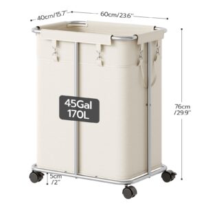 HOOBRO Laundry Basket with Wheels, 45 Gallons (170L) Rolling Laundry Hamper, Narrow Slim Laundry Sorter with Removable Oxford Fabric Bag, Laundry Room, Dorm Room, Bedroom, Beige and Silver SW05XY01